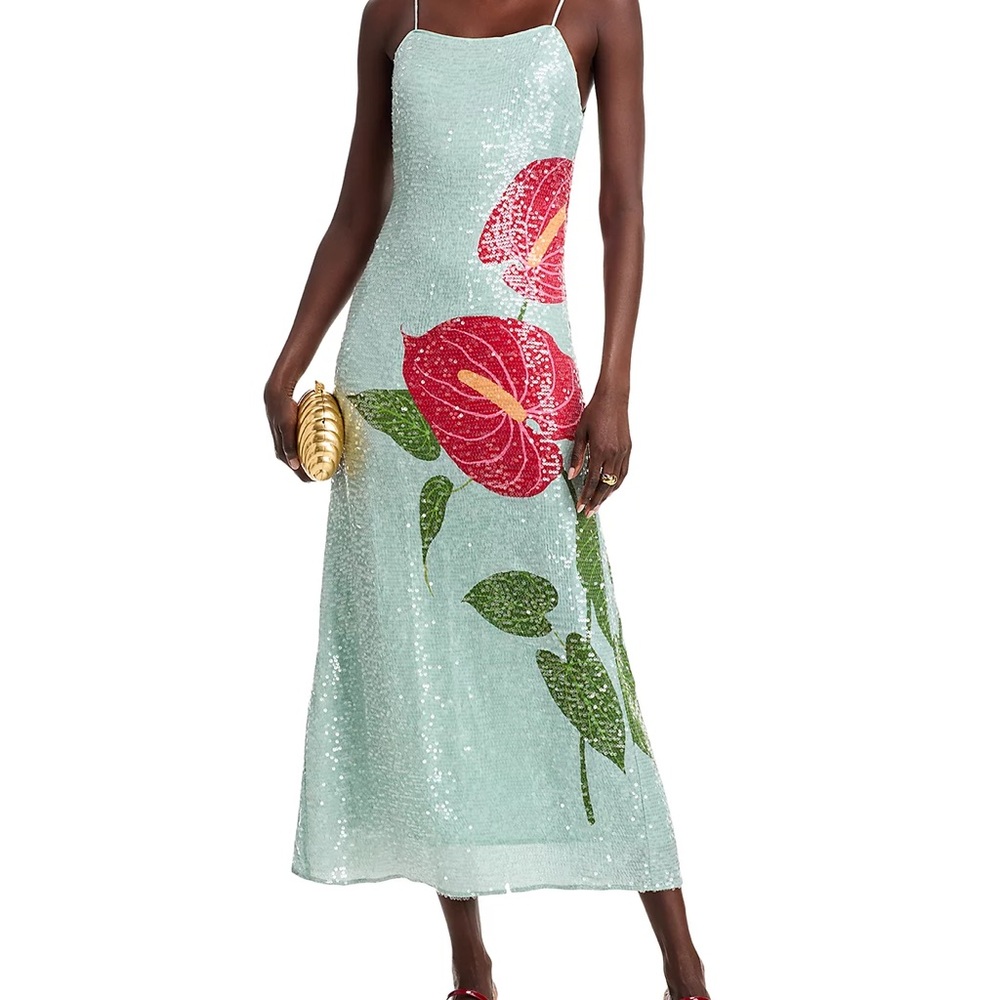 FARM Rio x Anthropologie SEQUIN BLUE ANTHURIUM FLOWERS MIDI SLIP DRESS